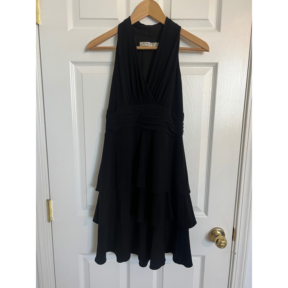 Evan-Picone Black Petite LBD Ruched Waist Tiered V-Neck Dress 4P